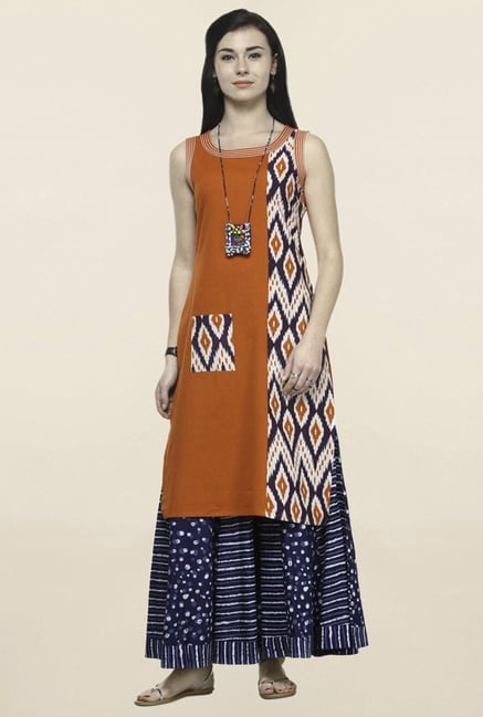 Varanga Orange & Navy Printed Kurta With Palazzo Varanga Orange & Navy Printed Kurta With Palazzo
