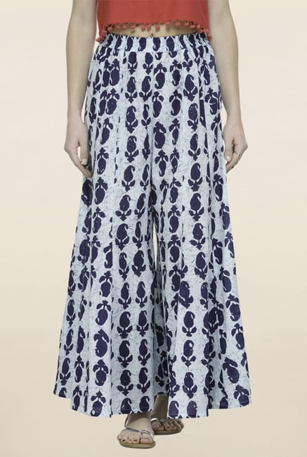 Varanga Blue Paisley Print Flared Palazzo Varanga Blue Paisley Print Flared Palazzo