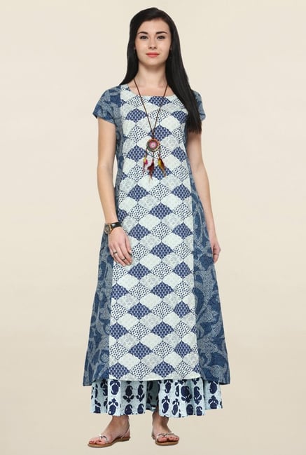 Varanga Blue Printed A Line Kurta Varanga Blue Printed A Line Kurta
