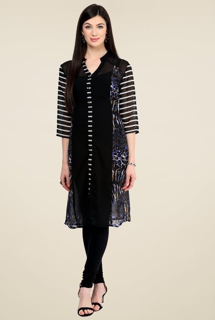 Pannkh Black Printed Regular Fit V-Neck Kurti Pannkh Black Printed Regular Fit V-Neck Kurti