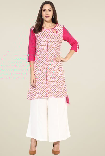 Pannkh Pink & White Printed Keyhole Neck Kurti Pannkh Pink & White Printed Keyhole Neck Kurti