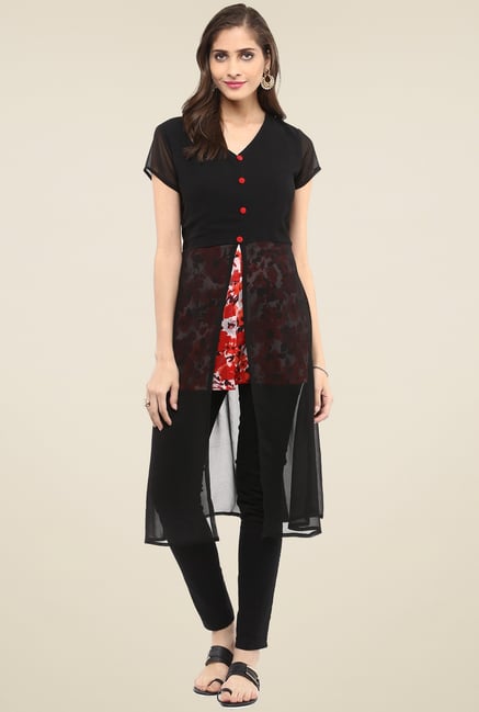 Pannkh Black Short Sleeves Regular Fit V-Neck Kurti Pannkh Black Short Sleeves Regular Fit V-Neck Kurti