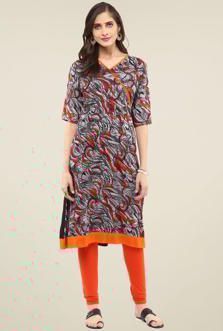 Pannkh Grey & Orange Regular Fit Kurti Pannkh Grey & Orange Regular Fit Kurti