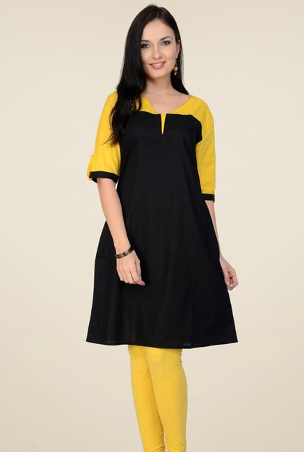Pannkh Black & Yellow Regular Fit Cotton Kurti Pannkh Black & Yellow Regular Fit Cotton Kurti