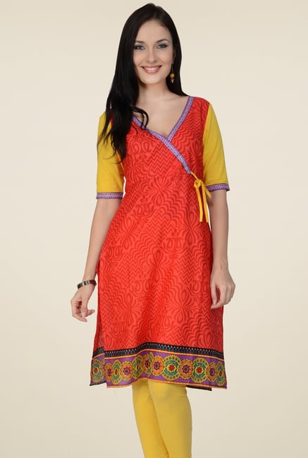 Pannkh Red & Yellow Regular Fit Printed Kurti Pannkh Red & Yellow Regular Fit Printed Kurti