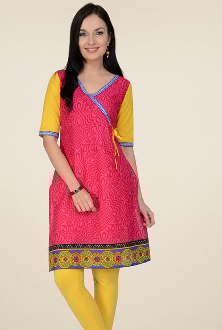 Pannkh Fuchsia & Yellow Regular Fit Printed Kurti Pannkh Fuchsia & Yellow Regular Fit Printed Kurti