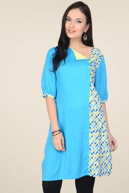 Pannkh Sky Blue 3/4th Sleeves Printed Kurti Pannkh Sky Blue 3/4th Sleeves Printed Kurti