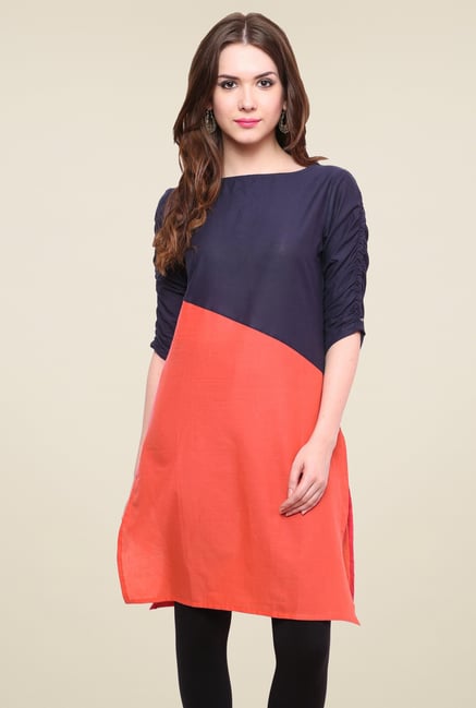 Pannkh Navy & Orange Cotton Regular Fit Kurti Pannkh Navy & Orange Cotton Regular Fit Kurti