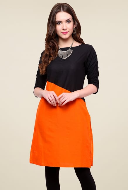 Pannkh Orange & Black Cotton Regular Fit Kurti Pannkh Orange & Black Cotton Regular Fit Kurti