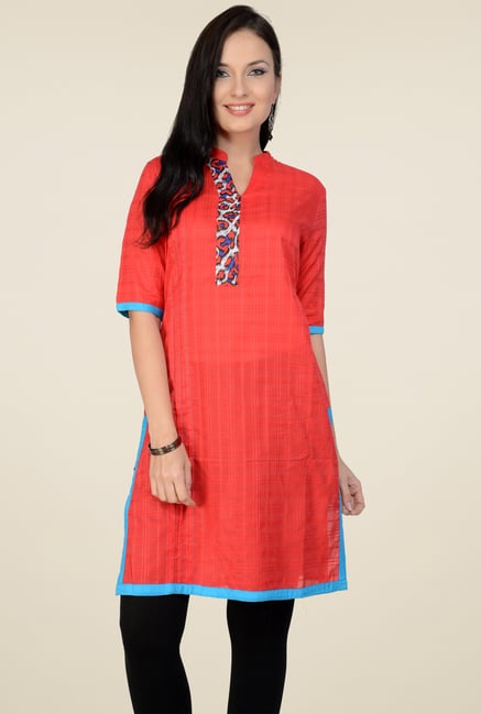 Pannkh Red Mandarin Collar Kurti Pannkh Red Mandarin Collar Kurti