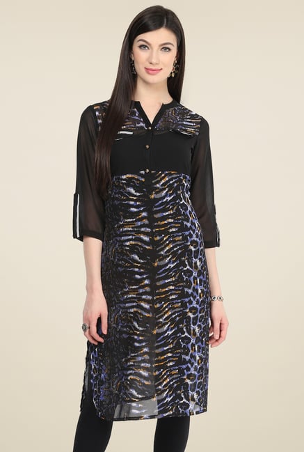 Pannkh Black Printed V-Neck Kurti Pannkh Black Printed V-Neck Kurti