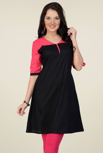 Pannkh Pink & Black V-Neck Kurti Pannkh Pink & Black V-Neck Kurti