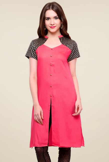 Pannkh Coral & Black V-Neck Kurti Pannkh Coral & Black V-Neck Kurti