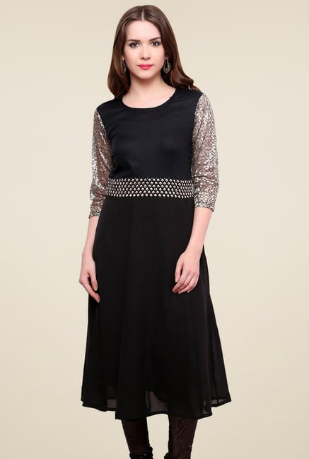 Pannkh Black Round Neck Regular Fit Kurti Pannkh Black Round Neck Regular Fit Kurti