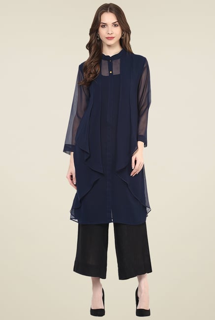Pannkh Navy Mandarin Collar Kurta Pannkh Navy Mandarin Collar Kurta