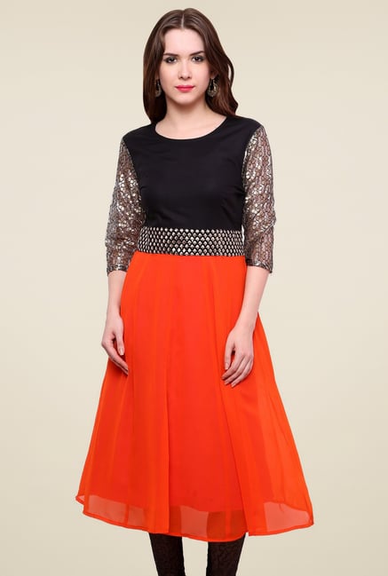 Pannkh Orange & Black Regular Fit Kurti Pannkh Orange & Black Regular Fit Kurti