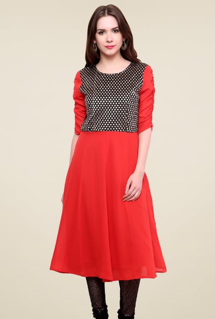 Pannkh Red Regular Fit Elbow Sleeves Kurti Pannkh Red Regular Fit Elbow Sleeves Kurti