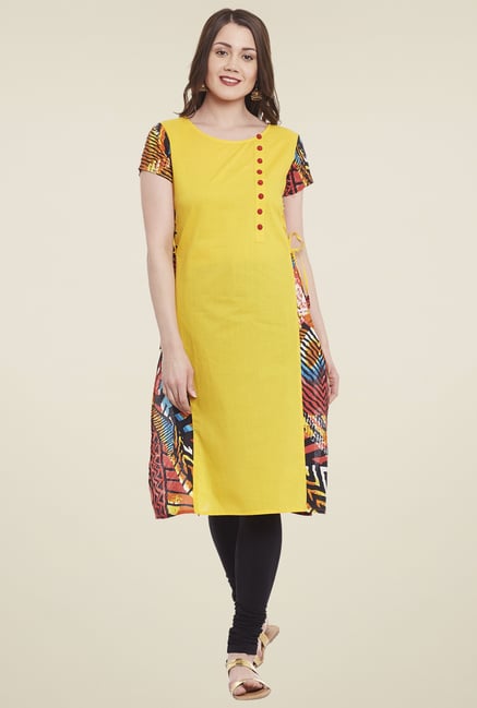 Pannkh Yellow Printed Short Sleeves Kurta Pannkh Yellow Printed Short Sleeves Kurta