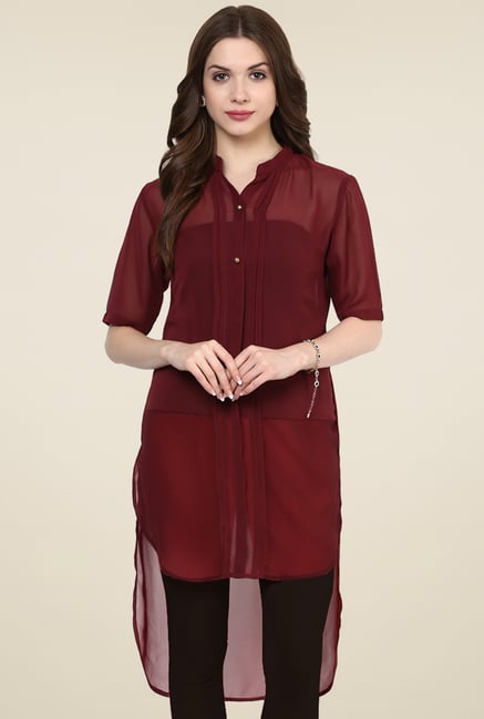 Pannkh Maroon Regular Fit Band Neck Kurti Pannkh Maroon Regular Fit Band Neck Kurti