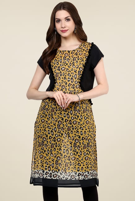 Pannkh Mustard Printed Short Sleeves Kurti Pannkh Mustard Printed Short Sleeves Kurti