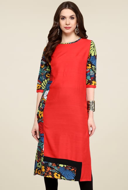 Pannkh Red Printed Regular Fit Round Neck Kurti Pannkh Red Printed Regular Fit Round Neck Kurti