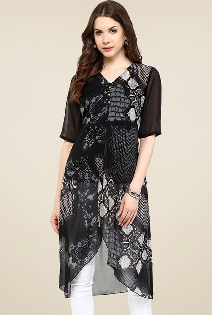 Pannkh Black Printed Regular Fit V-Neck Kurti Pannkh Black Printed Regular Fit V-Neck Kurti