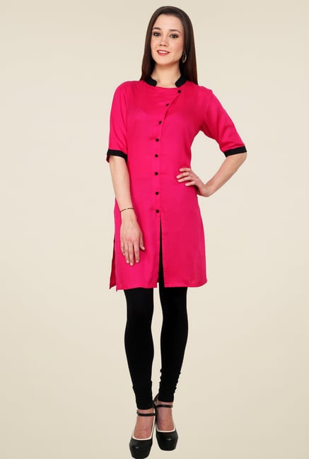 Pannkh Pink Regular Fit Band Neck Kurti Pannkh Pink Regular Fit Band Neck Kurti