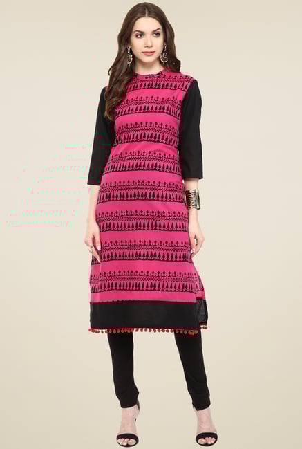 Pannkh Fuchsia & Black 3/4th Sleeves Printed Kurti Pannkh Fuchsia & Black 3/4th Sleeves Printed Kurti