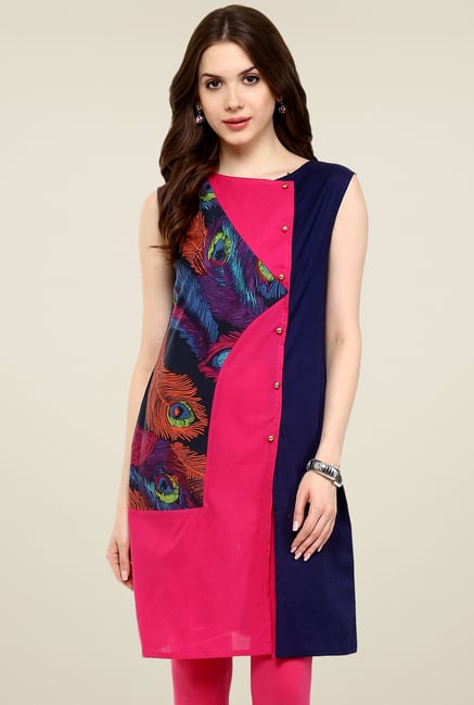 Pannkh Navy & Pink Printed Sleeveless Kurti Pannkh Navy & Pink Printed Sleeveless Kurti
