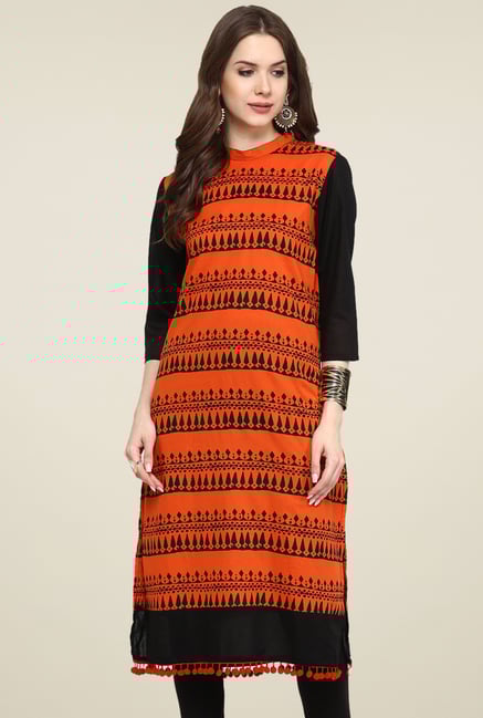Pannkh Orange & Black 3/4th Sleeves Printed Kurti Pannkh Orange & Black 3/4th Sleeves Printed Kurti
