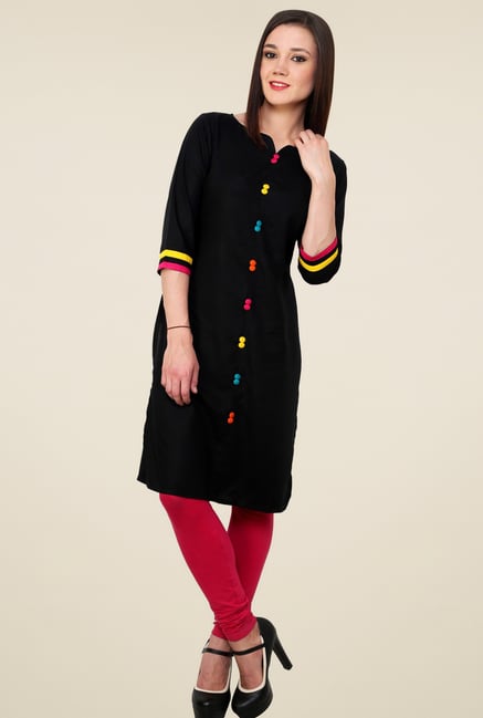 Pannkh Black Regular Fit 3/4th Sleeves Boat Neck Kurti Pannkh Black Regular Fit 3/4th Sleeves Boat Neck Kurti