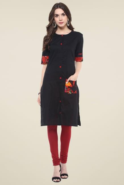 Pannkh Black Regular Fit Printed Round Neck Kurti Pannkh Black Regular Fit Printed Round Neck Kurti