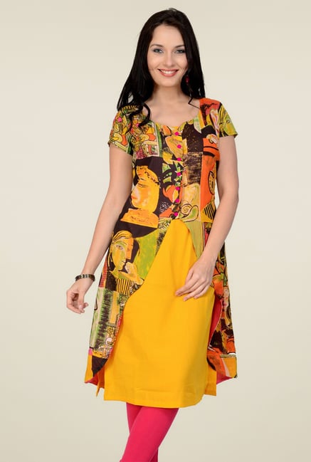 Pannkh Yellow Short Sleeves Cotton Kurti Pannkh Yellow Short Sleeves Cotton Kurti