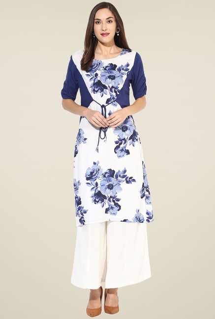 Pannkh White & Navy Floral Printed Kurti Pannkh White & Navy Floral Printed Kurti
