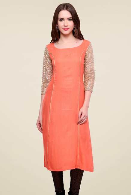 Pannkh Orange Boat Neck Kurti Pannkh Orange Boat Neck Kurti