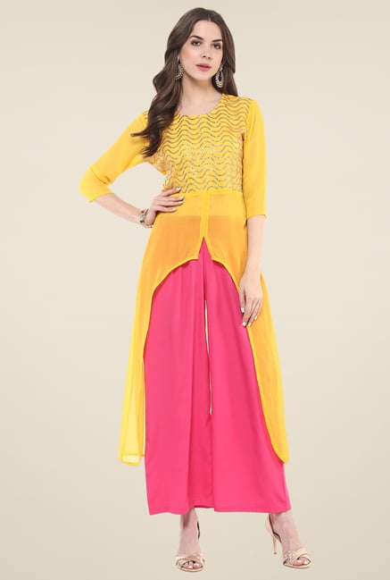 Pannkh Yellow Round Neck Regular Fit Kurti Pannkh Yellow Round Neck Regular Fit Kurti