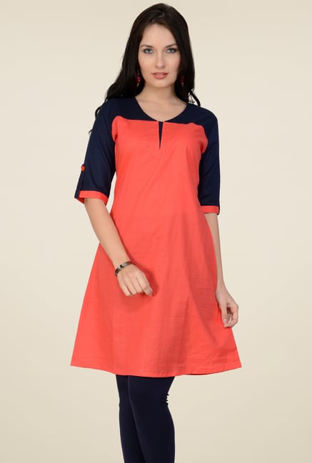 Pannkh Peach & Navy Round Neck Kurti Pannkh Peach & Navy Round Neck Kurti
