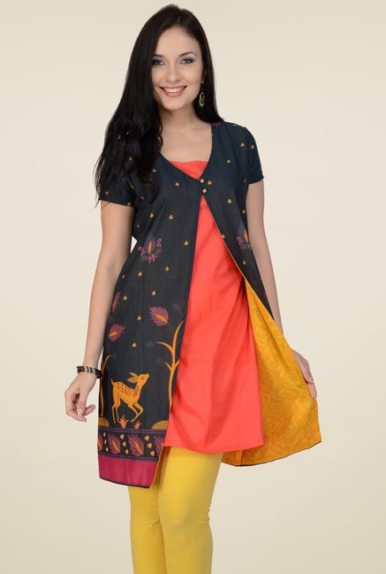 Pannkh Black & Pink Printed Regular Fit Kurti Pannkh Black & Pink Printed Regular Fit Kurti