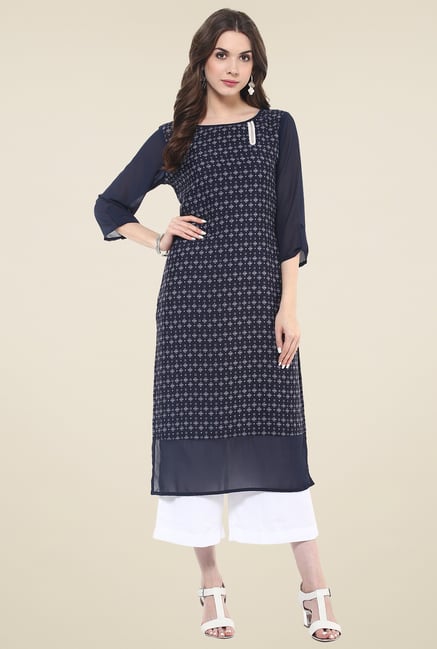Pannkh Navy Regular Fit Printed Round Neck Kurti Pannkh Navy Regular Fit Printed Round Neck Kurti