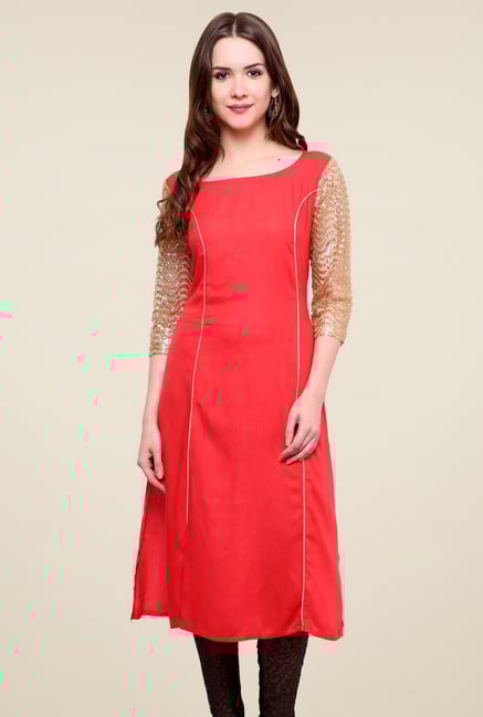 Pannkh Red Boat Neck Kurti Pannkh Red Boat Neck Kurti