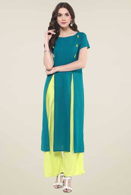 Pannkh Teal Round Neck Regular Fit Kurti Pannkh Teal Round Neck Regular Fit Kurti