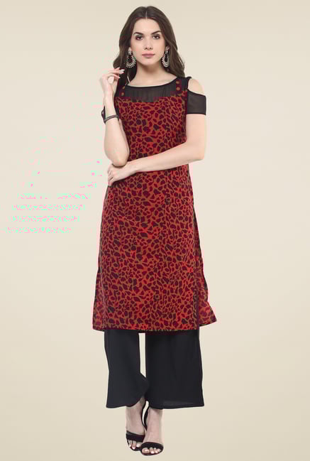 Pannkh Red & Black Regular Fit Printed Kurti Pannkh Red & Black Regular Fit Printed Kurti