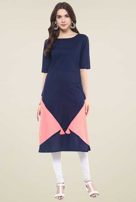 Pannkh Navy Round Neck Regular Fit Kurti Pannkh Navy Round Neck Regular Fit Kurti
