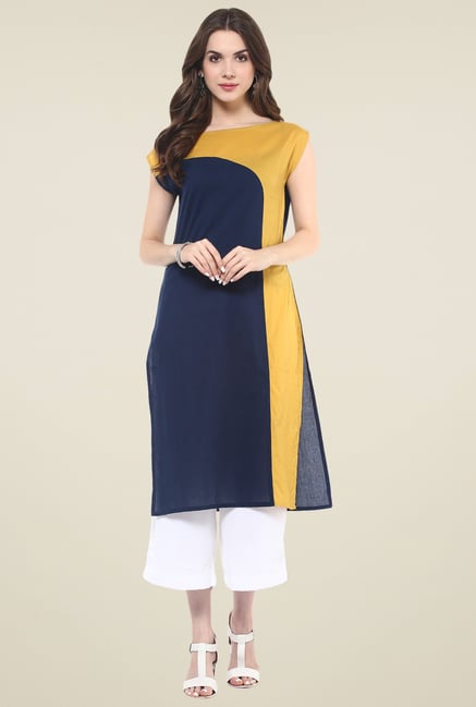 Pannkh Mustard & Navy Cotton Kurti Pannkh Mustard & Navy Cotton Kurti