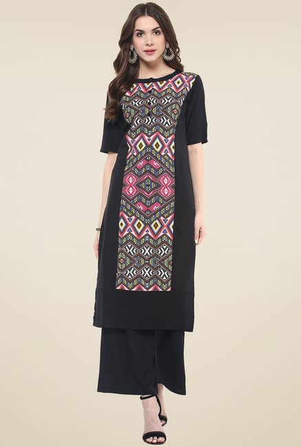 Pannkh Black Elbow Sleeves Printed Kurti Pannkh Black Elbow Sleeves Printed Kurti