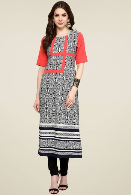 Pannkh Coral & Black Printed Elbow Sleeves Kurti Pannkh Coral & Black Printed Elbow Sleeves Kurti
