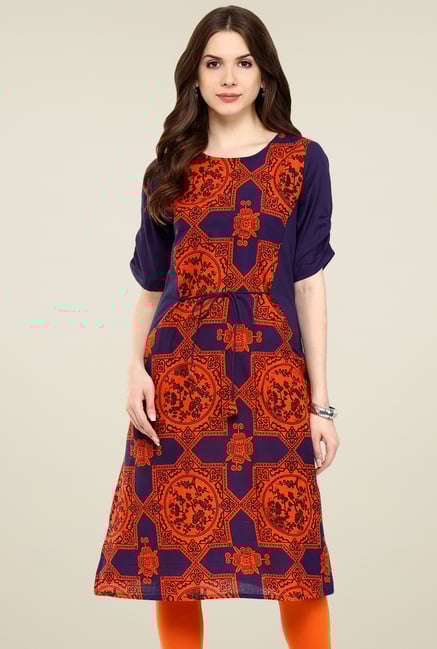 Pannkh Purple & Orange Round Neck Kurti Pannkh Purple & Orange Round Neck Kurti