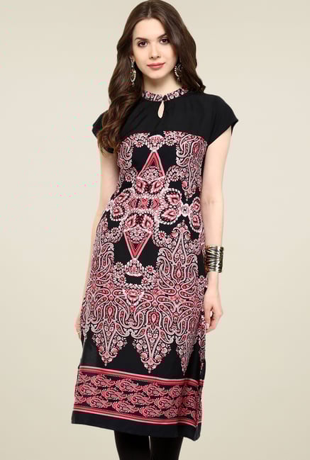 Pannkh Black Printed Cap Sleeves Kurti Pannkh Black Printed Cap Sleeves Kurti