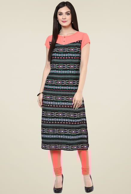 Pannkh Black & Coral Round Neck Printed Kurti Pannkh Black & Coral Round Neck Printed Kurti