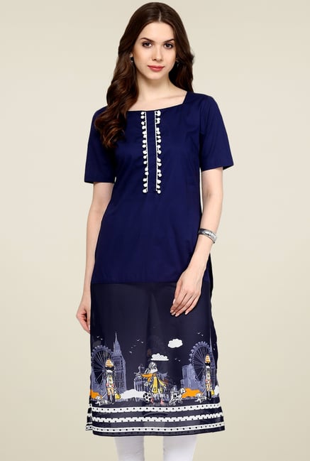 Pannkh Navy & Royal Blue Printed Kurti Pannkh Navy & Royal Blue Printed Kurti